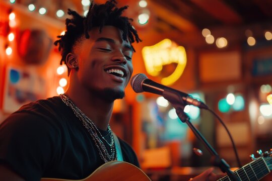 A young Black man with dreadlocks sings passionately into a microphone while playing an acoustic guitar in a dimly lit bar