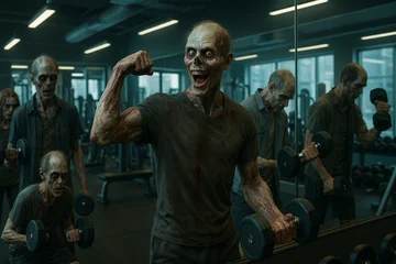 "Group of halloween zombies lifting dumbbells in a gym, one zombie flexing muscles proudly in front of the mirror, funny horror parody scene, photorealistic cinematic style" © diter