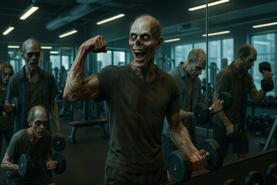 "Group of halloween zombies lifting dumbbells in a gym, one zombie flexing muscles proudly in front of the mirror, funny horror parody scene, photorealistic cinematic style"