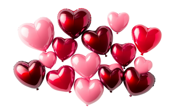 Festive concept featuring floating heart shaped balloons in red and pink tones designed for parties weddings and Valentine themed events isolated on transparent background PNG