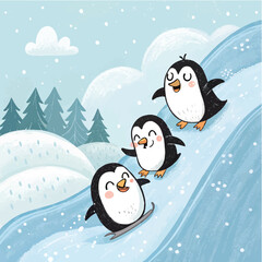 Cute Penguins Sliding on Snowy Hill Winter Illustration