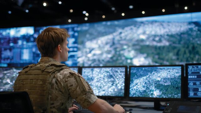 An American soldier oversees encrypted communications and UAV feeds on transparent screens in a cutting-edge military command center.