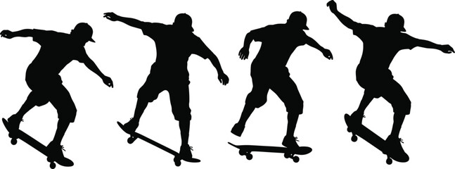Silhouettes of male skateboarder performing various tricks on skateboard, action sequence, extreme sports, urban youth, dynamic movement, street skating, skateboarding skills