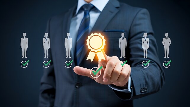 Businessman selecting a qualified candidate from a digital display of people and awards