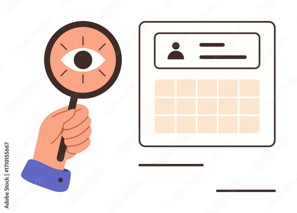 Aufkleber magnifying glass with eye focuses on user profile in calendar interface. ideal for data analysis, us