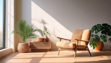 modern livingroom with chair and plant sunlight falling in