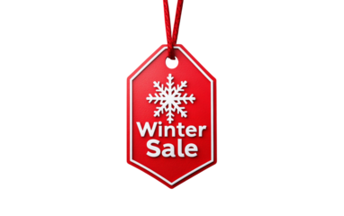 Red discount tag with snowflake icon designed for bold winter holiday sales promotions and seasonal shopping events isolated on transparent background PNG