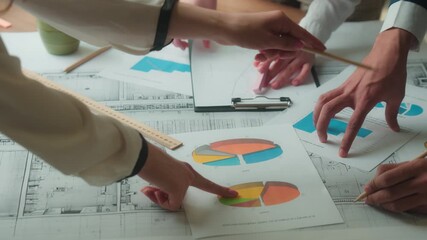 Close up papers documents data in office unrecognizable business team review paperwork stats diagrams graphs financial results corporate sales coworkers architects contractors teamwork blueprint plan - Powered by Adobe