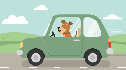 Happy dog looking out of car window while riding in car. Pet travel and adventure. Animal enjoying road trip landscape. Vector flat illustration