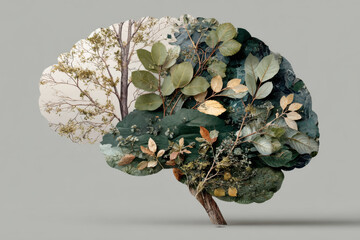 Brain with Nature Elements – Mental Health Awareness. Conceptual image of a human brain overlaid with leaves, trees, or natural textures. Symbolizes mental wellbeing and the connection between mind an