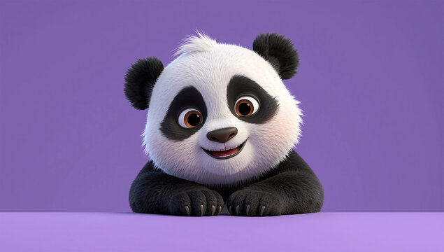 This image shows a super cute 3D animated panda with big brown eyes and a happy expression. It’s leaning forward on a purple surface with a purple background, smiling warmly. The panda’s fur is fluff - Powered by Adobe