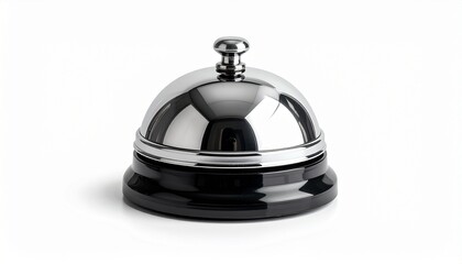 A shiny silver hotel service bell on a black base against a white background