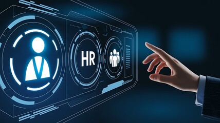 Hand touching glowing hr icon on futuristic digital interface for human resources management
