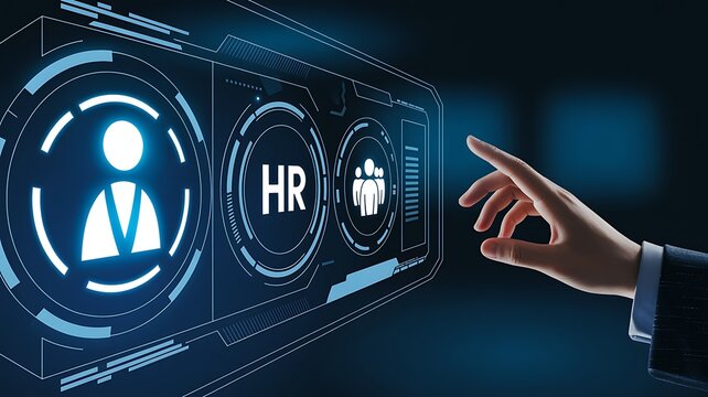 Hand touching glowing hr icon on futuristic digital interface for human resources management