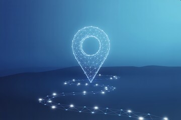 Glowing digital map pin marker with a luminous trail on a futuristic blue background