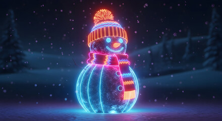Neon snowman radiates festive cheer in a serene winter night landscape design