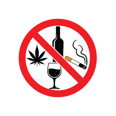A red prohibition sign forbidding the use of alcohol, cigarettes, and marijuana on a white background.