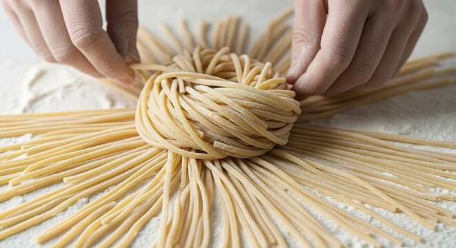 Hands Arranging Raw Pasta Noodles.