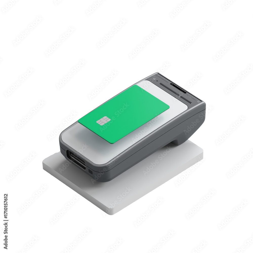 Poster secure cashless payment transaction with card reader, featuring vibrant isolated transparent
