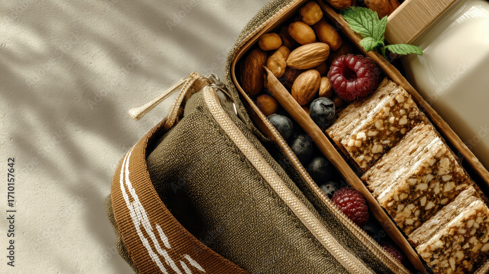 Poster a container of food with nuts and berries sits on a table. the container is brown and has a zipper. 