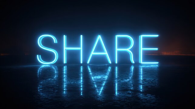 Bright Blue Neon Share Sign Glowing Reflecting Light isolated on a transparent background - Powered by Adobe