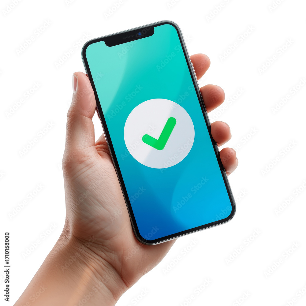 Aufkleber mobile confirmation showcasing a green checkmark icon on a cell phone screen display isolated on a
