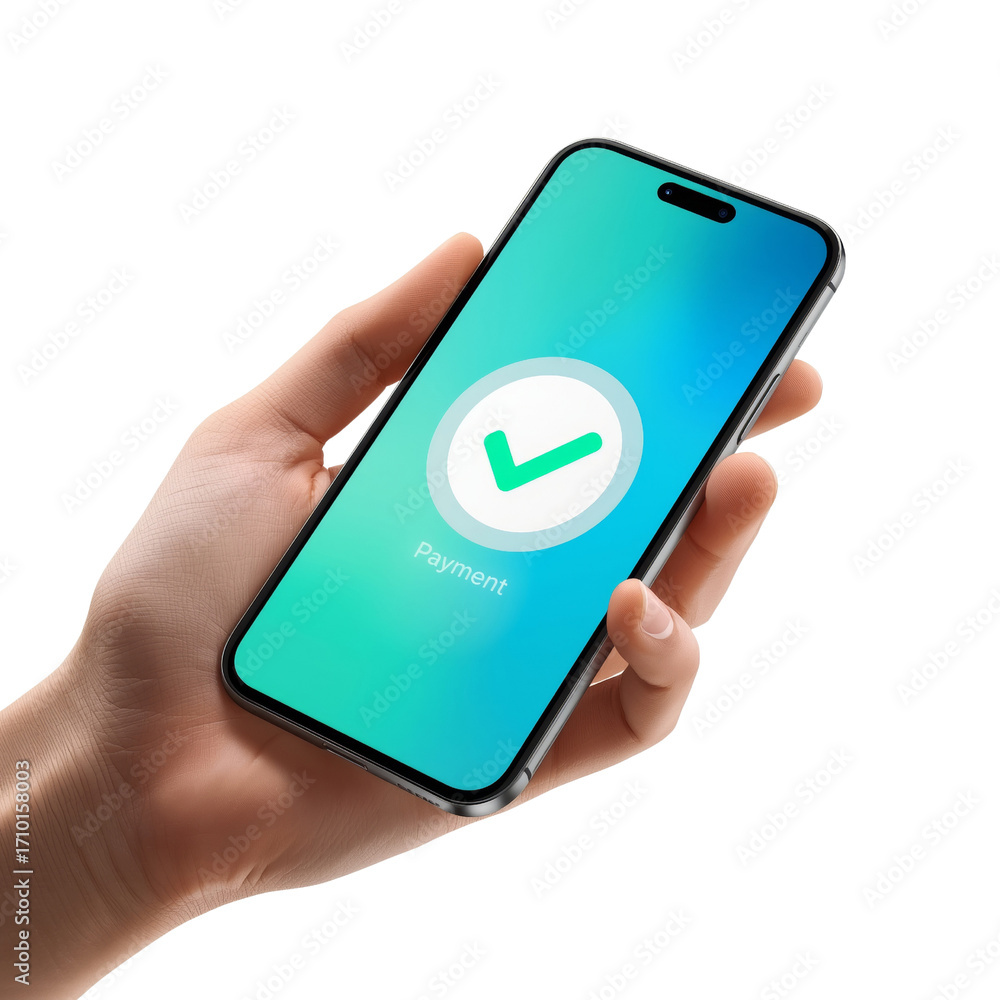 Poster successful mobile payment transaction verification on a sleek smartphone with a vibrant screen and