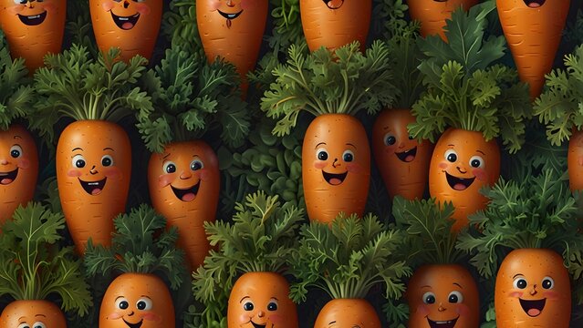 A cheerful pattern of adorable carrot characters, each of which has been illustrated with a happy, smiling face and lush green tops, is presented as a group. Fun and healthy food for kids concept