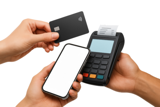 Seamless transactions showcase credit card, mobile device and payment terminal on transparent