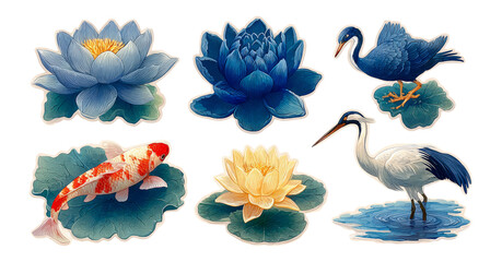 Obraz premium Vibrant Lotus Flowers, Koi Fish, Crane, and Heron on Transparent Background