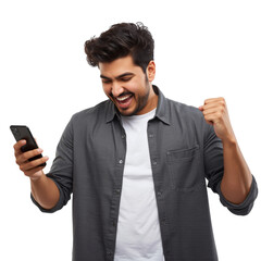 Euphoric young man celebrating success with mobile phone on transparent setting