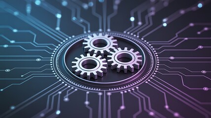 Abstract digital circuit board with interlocking gears symbolizing technology and innovation