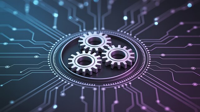 Abstract digital circuit board with interlocking gears symbolizing technology and innovation