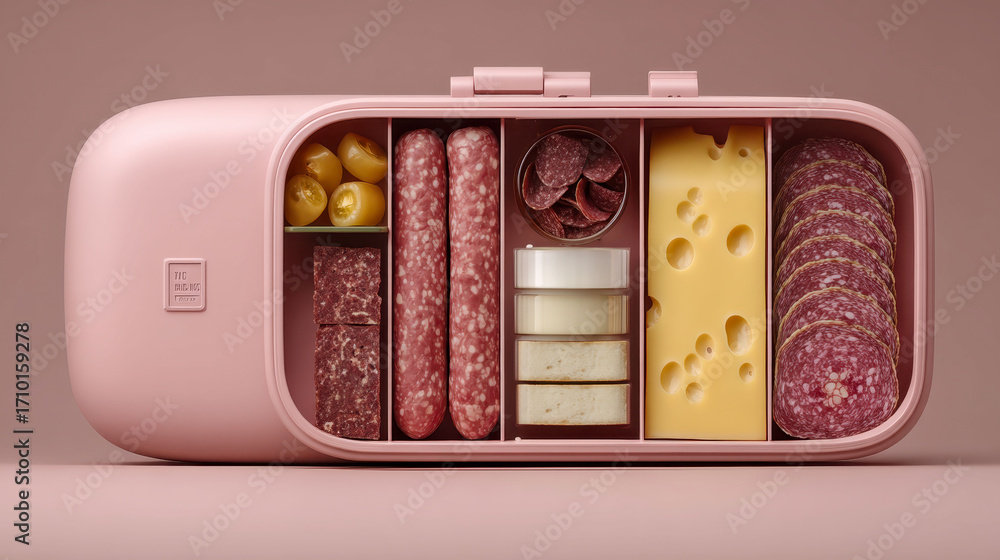 Poster a pink container with a variety of meats and cheeses inside. the container is designed to hold a var