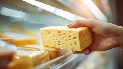 A person is holding a yellow cheese block in a store. The cheese is in a plastic container and is on a shelf