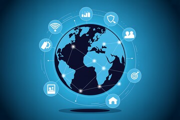 Global network of interconnected digital icons surrounding a glowing planet earth