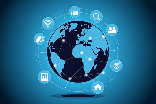 Global network of interconnected digital icons surrounding a glowing planet earth