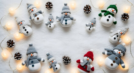 Festive snowman arrangement with pine cones and warm lights on a snowy background