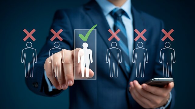 Businessman selecting the right candidate from a group of applicants with a digital interface