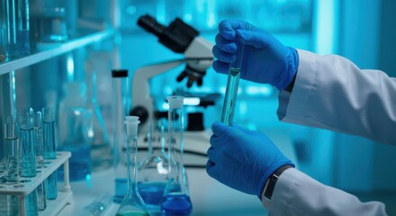 Laboratory Research - Scientist Analyzing Samples with Microscope and Test Tubes.