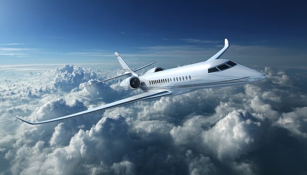 Sleek Modern Business Jet Soaring Above Lush Cumulus Clouds, Symbolizing Luxury and Efficient Travel - Powered by Adobe