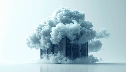 3D rendering of a skyscraper engulfed in a large cloud against a light blue background