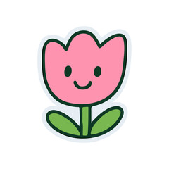 Cute Pink Tulip Flower Sticker with Smiling Face and Green Leaves
