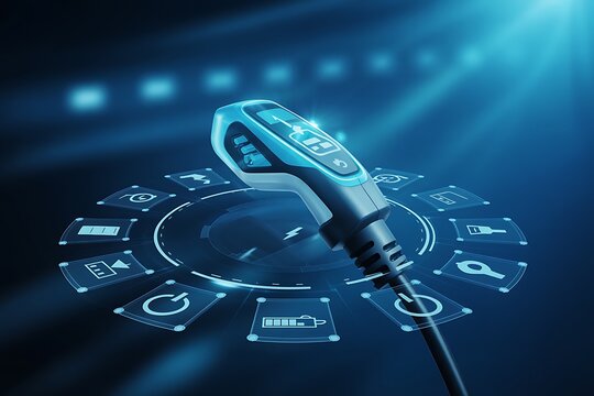 Electric vehicle charging connector with futuristic digital interface and glowing blue lights