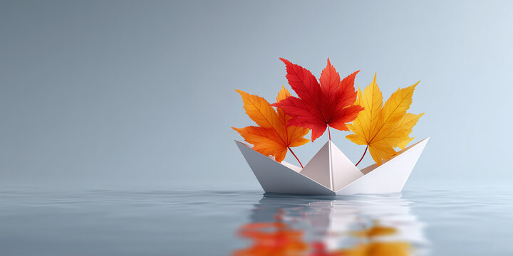Minimalist autumn concept. Close-up of a small stylized paper boat carrying three maple leaves in vivid autumn colors (red, orange, yellow), above a calm water surface with reflections. Generative Ai.