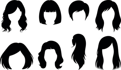 Set of various female hair styles in black silhouettes vector illustration