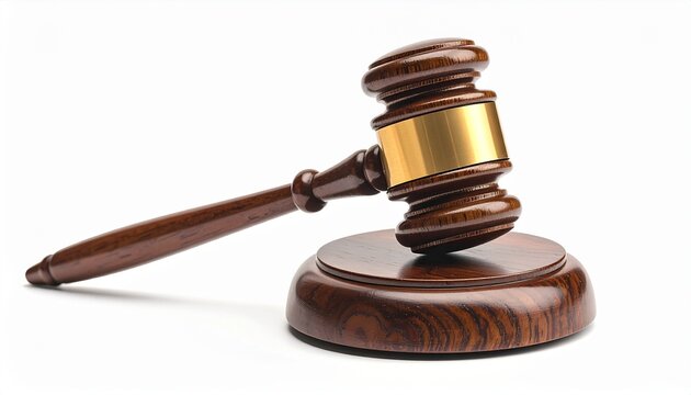 Close-up of a wooden gavel with a gold band on a white background