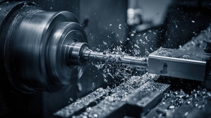 Precision Engineering in Motion: Close-Up of Metal Lathe Cutting Metal with Shavings Flying in Industrial Workshop Environment