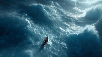 Obraz premium A small wooden rowboat navigates a vast and turbulent ocean, surrounded by powerful waves and swirling currents. 
