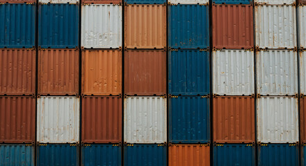 Fototapeta premium Colorful shipping containers stacked neatly in a storage yard.
